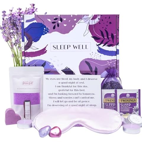 Relaxation gift for women, Aromatherapy spa at home to help sleep, Pamper hamper with Lavender sleep roll-on, Bath salts Candle and Sleep Mask Cover