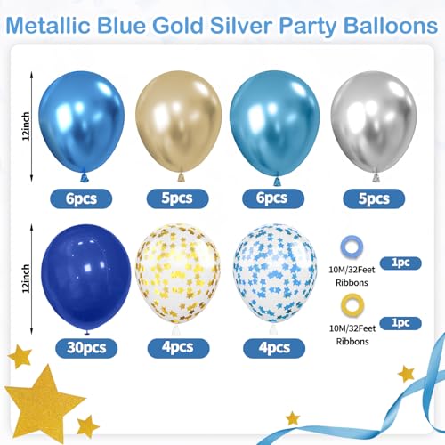 Image of Navy Blue Gold Silver Balloons, 60PCS Star Confetti Balloons, 12 Inch Pearl Navy Blue Metallic light Blue Silver Gold Latex Balloon Helium for Birthday Wedding Baby Shower Graduation Party Decorations