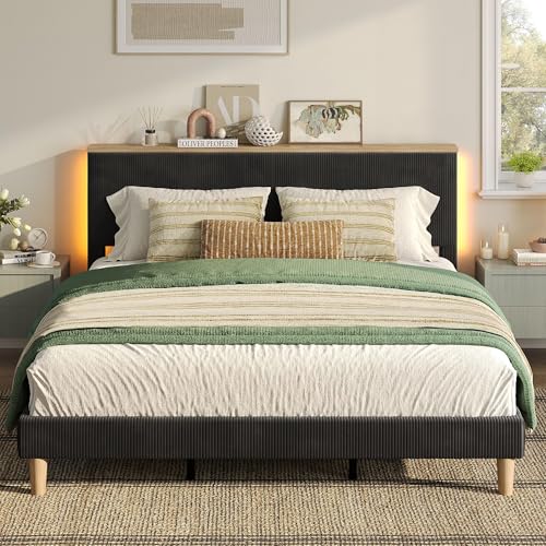 Image of Bestier King Bed Frame with Storage Headboard & LED, Upholstered, Black