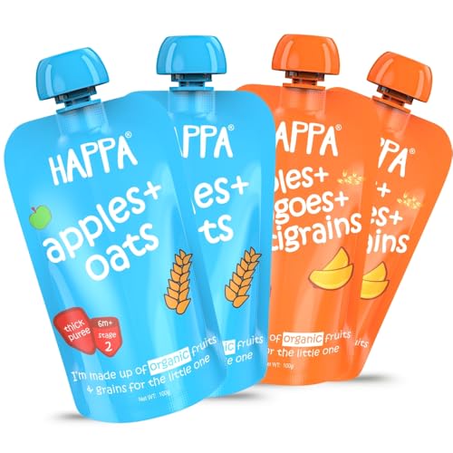 Image of Happa Organic Baby Food Apple Mango Multigrain and Apple Oats Puree | 100% Fruits and Grains | No Added Sugar, No Milk Powder, No Preservatives | Stage 2 (6 Months+) | Ready to Eat | Free from Common Allergens | Pack of 4 (100g Each)