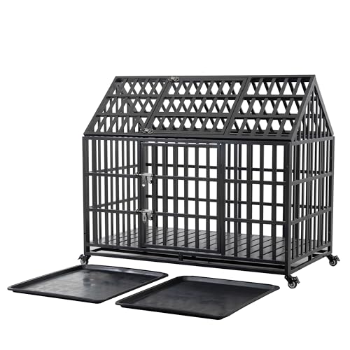 52" Heavy Duty Dog Crate for Large Dogs - Carbon Steel Kennel with 4 Lockable Wheels, Removable Tray & Dual Doors, Indoor Outdoor Pet Cage for German Shepherd, Great Dane