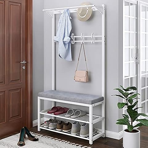 LOHOX Coat Rack with Shoe Bench, Tree Shoe Rack with Umbrella Holder Top Shelf Metal Frame Rack Shoe changing stool for Entryway Hall - L 80/100CMX W 33CMX H 170CM Cover