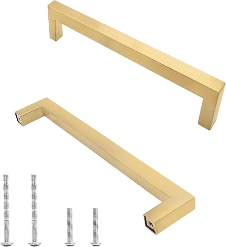 Qjaiune Paquete de 6 tiradores cuadrados de gabinete de color dorado cepillado, 5 pulgadas de agujero a agujero, manijas de gabinete de acero