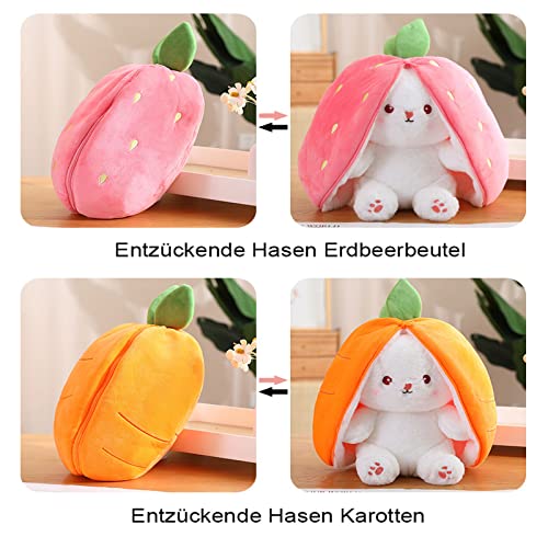 shineFinder Hasen Verstecken,Gefülltes Kaninchen mit Karotten und Erdbeeren, Plüschtier Hase, Hasenpuppe, Hasenplüsch, Weiches Plüsch-Kaninchen-Spielzeug(Erdbeere, 18cm)