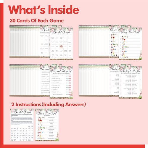 Image of Bridal Shower Game Set, 4 Fun Games & Activities - Bingo Game /Would She Rather /He Said, She Said /Guess The Word for 30 Guests, All-in-one Set Wedding Party Supplies