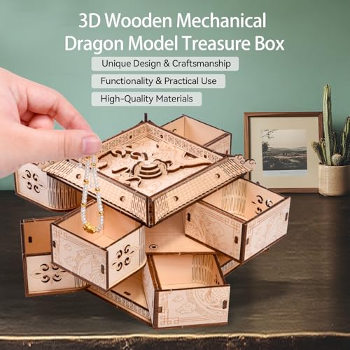 3D Wooden Puzzles for Adults - Mechanical Dragon Treasure Chest Model Kit, DIY Engineering Project, Unique Gift for Women, Collectible Art and Home Display