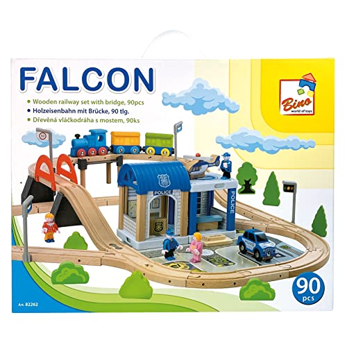 Bino world of toys Holzeisenbahn mit Brücke, Spielzeug für Kleinkinder ab 3 Jahren, Spielzeug zur Förderung kindlicher Fähigkeiten, 90-TLG., Polizeistation inkl. eines Hubschraubers, Mehrfarbig