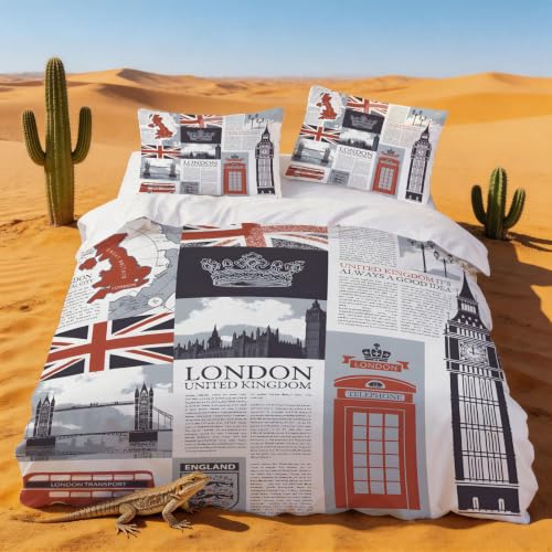 Générique Housse de Couette 140x200 Londres, Royaume-Uni, Parure de lit 140 x 200 Simple avec Taies d'oreiller 1 Personne Set de Housse Couette Microfibre...