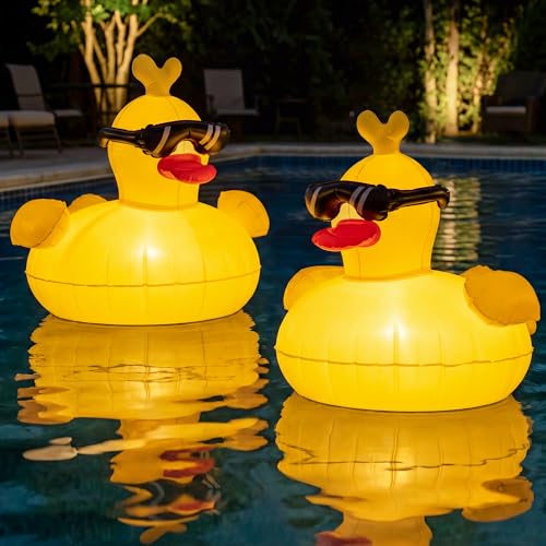 CetusLink Solar Floating Pool Lights RGBW Color Changing 12-LED 20H Runtime with Remote Pool Party and Garden Pond Decor Cool Sunglasses Duck 2-Pack