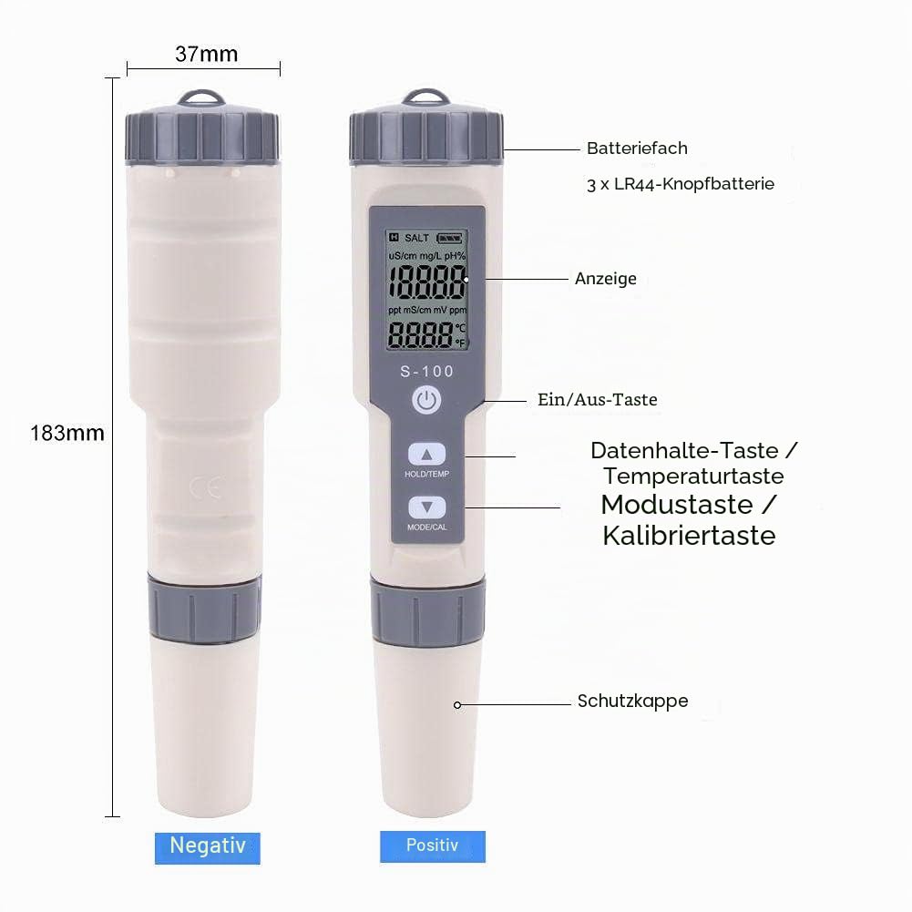 INF Digitales Messgerät für Wasser, 4-in-1, IP67, Wassertester für Salzgehalt, TDS, EC, Temperatur, Farbe Weiß / Grau