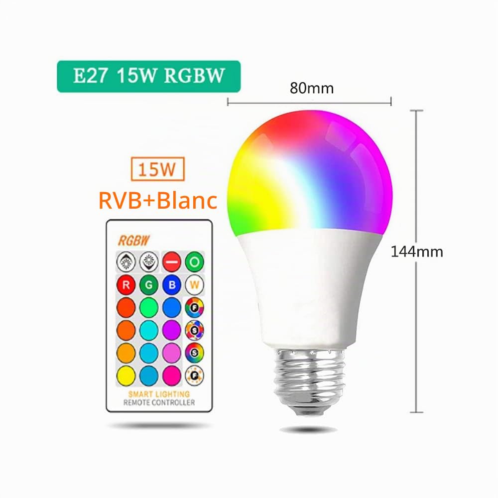 WANGPEI Ampoule de Couleur LED E27 RGB,Lampe à Vis Edison Dimmable à Changement de Couleur 15W Avec Télécommande IR,Lumières D'ambiance 16 Couleurs pour la Maison,Fête,Bar,Disco KTV,etc.1Paquets