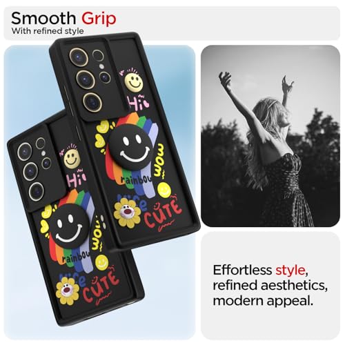 Image of Pikkme Back Cover for Samsung Galaxy S24 Ultra 5G | Soft Silicone| Cute Rainbow Smile & 3D Cartoon Flower Design | Shockproof Raised Camera Protection Bumper Case (Black)