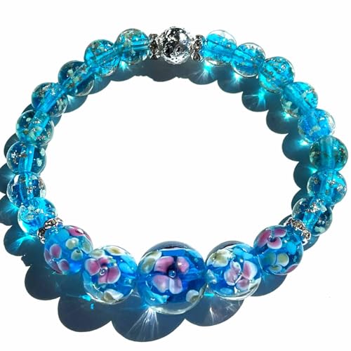 ARTSY Crafts Lily Flower Glow in the Dark Firefly Beads Bracelets Floral Murano Glass Beads Jewelry for Women Luminous Mermaid Moonstone Crystals Stretch Wristband (Blue - Bracelet)