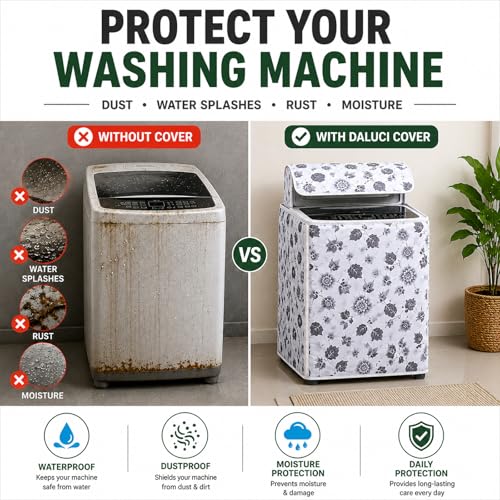 Image of DALUCI Top Load Fully Automatic Washing Machine Cover | Waterproof & Dustproof Polyester Fabric with Zipper | Protective Cover for Washing Machine (White & Grey, 59X59X86 CM)