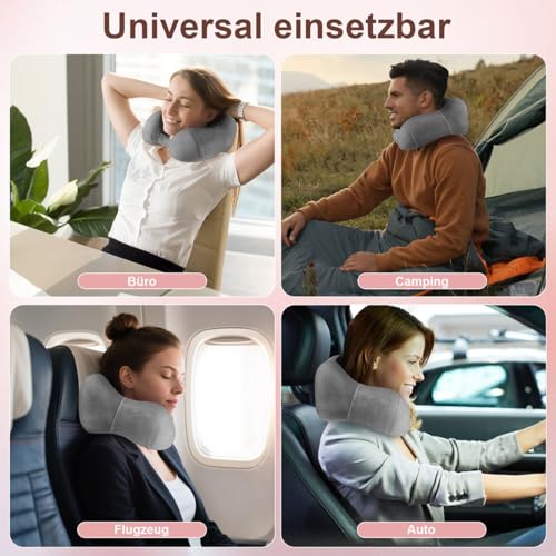 Nexellent Nackenkissen Flugzeug, Reisekissen, Hochwertiges Memory Foam Nackenkissen für Flugzeug und Auto – Vollständiges Set mit Schlafmaske, Ohrstöpseln und Tragetasche. (Grau)