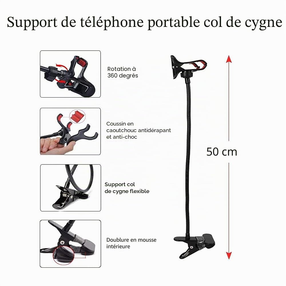 Support Col de Cygne Téléphone, Portable Support Universel Support de Téléphone Pliable Rotation 360° Réglable Stand Smartphone avec Clip,Utilisé dans Les Chambres, Bureaux, Voitures (Noir)