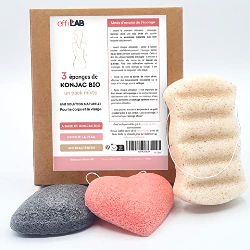 effiLAB | Pack de esponja de Konjac orgánico para el cuerpo y la cara | Pack de 3 esponjas corporales, cara y corazones| Esponja vegetal natural, limpieza suave y exfoliación..