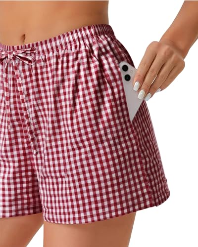 Image of Women Boxer Shorts Gingham Drawstring Pajama Bottom Plaid Pants with Pocket
