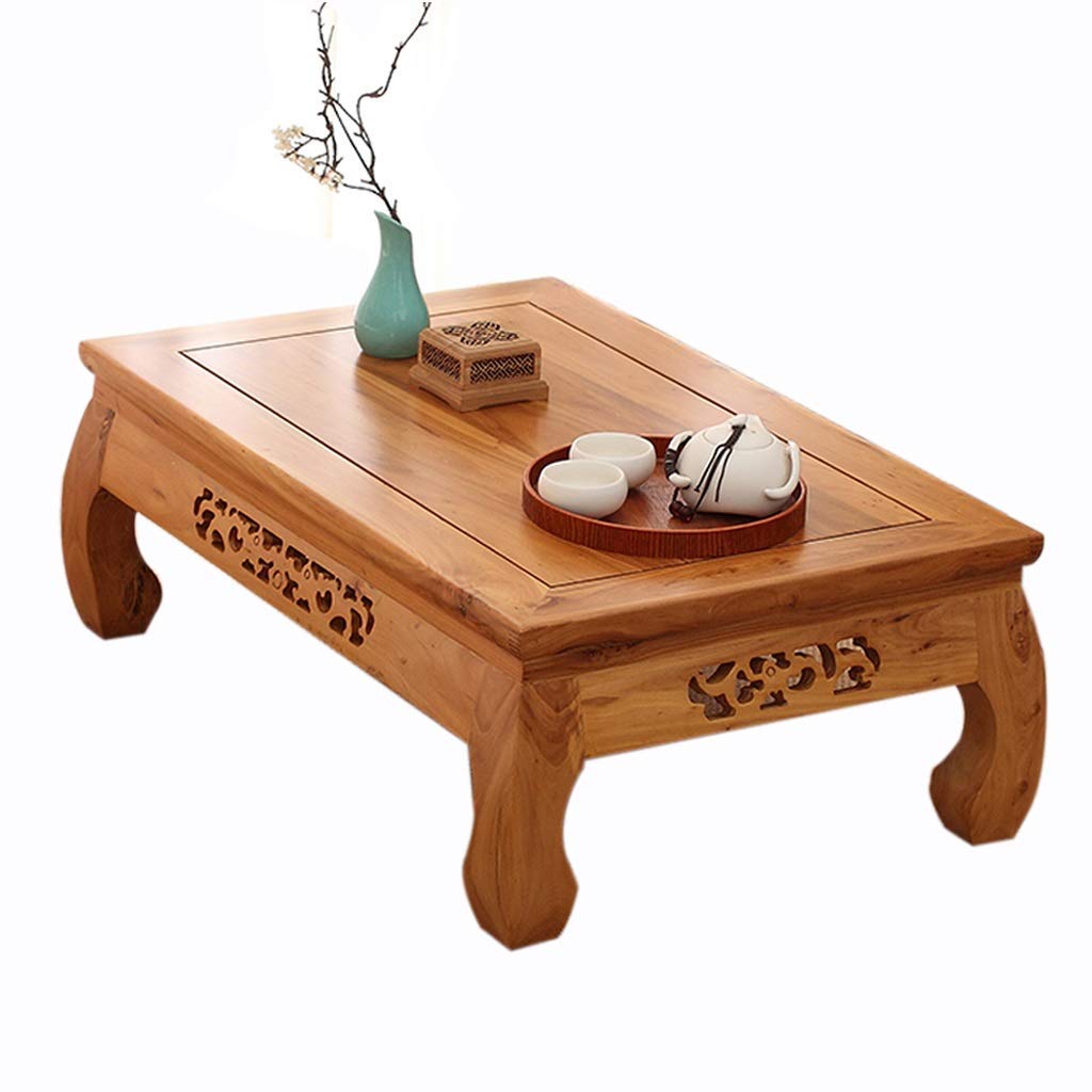 Mesa de té de olmo macizo vintage baja de centro para ventana salediza zen 1
