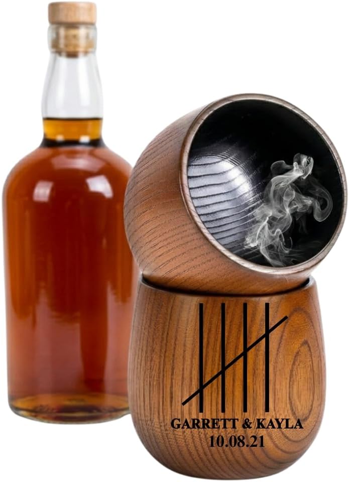 Personalized Charred Wooden Whiskey Glass for Men | Custom Engraved Bourbon Glass Gift for Husband | 5th,10th, 15th, 20th Anniversary for Him | Unique Wood Whiskey Cup (2 Cups, 5th Anniversary)