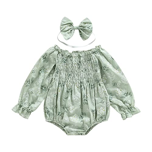 Image of 2pcs Infant Baby Girls Romper Dress Headband Long Sleeve Clothing Flowers Newborn Boho Girl Outfit Jumpsuit Clothes