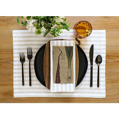Image of Solino Home 100% Pure Linen Placemats, 14 x 19 in, Natural Stripe, Set of 4