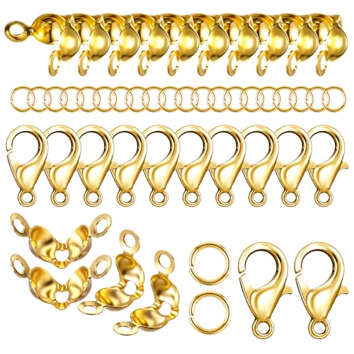 800 Stück Kettenverschluss Gold Verschlüsse für Armbänder Set Armband Verschluss Gold Silber Ketten Verschlüsse Karabinerverschluss Biegeringe Crimpenden für Halsketten Armband Schmuck basteln(Gold)