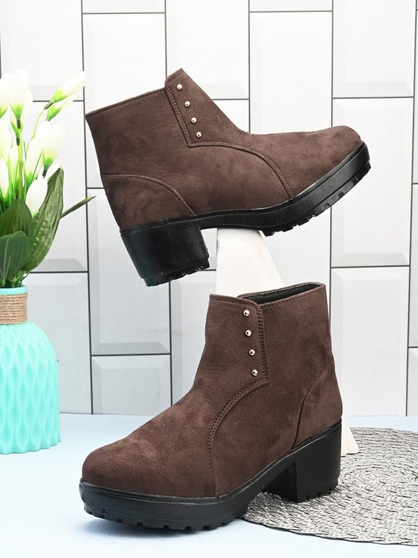 Image of XE Looks 100% Vegan Leather Women's Black Suede Ankle Boots for Women | Chunky Heel with Decorative Studs | Comfortable & Stylish Winter Boots For Girls & Women
