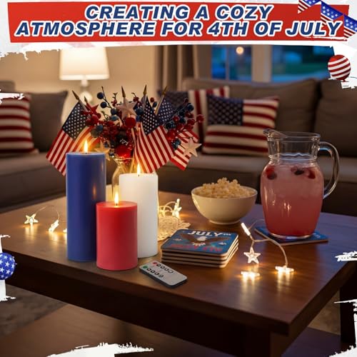 Image of Retisee 3 Pcs 4th of July 6 /8 /12 Inches Flameless LED Candles with Remote and 2 /4 /8h Timer Red White Blue Battery Operated Wax Flickering Candles for USA American Party Memorial Day Decorations