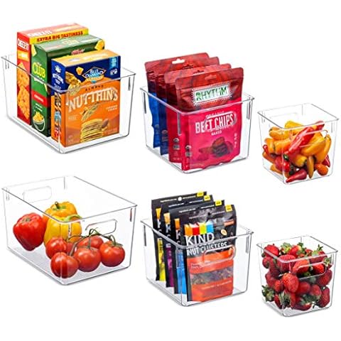 Set Of 6 Clear Pantry Organizer Bins Household Plastic Food Storage Basket with Cutout Handles for Kitchen, Countertops, Cabinets, Refrigerator, Freezer, Bedrooms, Bathrooms Cover