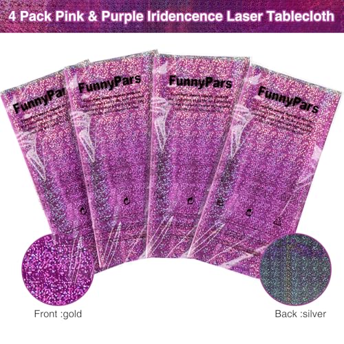 Image of 4 Pack Iridescence Plastic Tablecloths Shiny Disposable Laser Rectangle Table Covers Holographic Foil Tablecloth Iridescent Kpop Birthday Bridal Wedding Party Decoration, 54 inch x 108 inch(Pink & Purple)