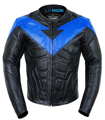 LP-FACON Nigth Wing Motorcycle Jacket Men - Black & Blue Protective Motorcycle Leather Jacket - Biker Armor Motorbike Padded Jacket Costume