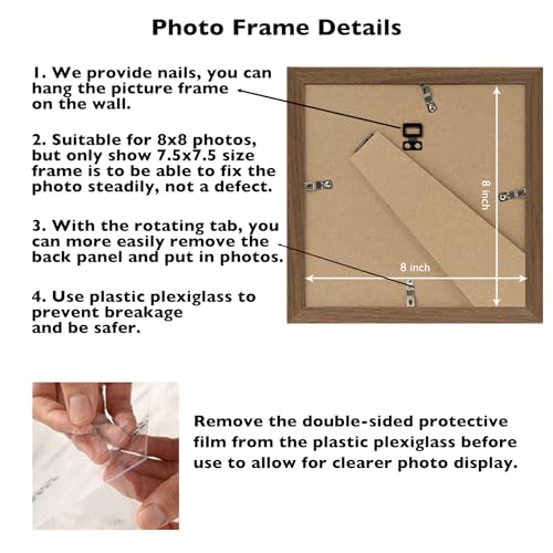 Image of JCJMY 8x8 Picture Frame Brown for Wall Hanging or Tabletop, Wall Mounting Horizontally or Vertically, 8 x 8 Square Wall Gallery Poster Photo Frame with Shatter Resistant Plexiglass, Brown