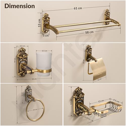 Image of Plantex Aluminium Antique Bathroom Accessories Set Of 5-Pcs /Bathroom Hardware Set (Towel Rod /Napkin Ring /Paper Holder /Soap Dish /Tumbler Holder), Gold