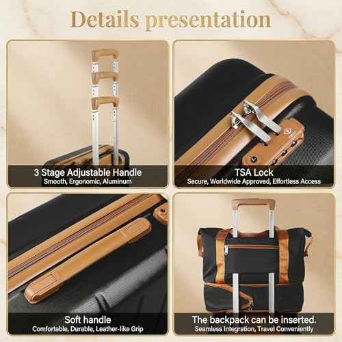 Image of Luggage Set 3 Piece, Carry On Luggage 20 Inch 22x14x9 Airline Approved with Spinner Wheels & TSA Lock, Durable Lightweight ABS Hardside Suitcase Set for Travel (20 /TB /DB Black)