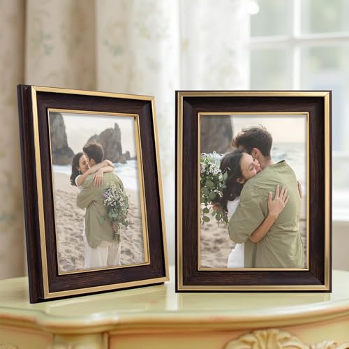 Image of GOLDEN PEACOCK Set of 2 5x7 Inch Photo Frames - Elegant Dark Wood & Gold Finish | Decorative Tabletop & Wall Hanging Picture Frames for Home, Office & Gifting