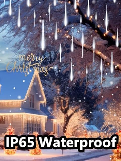 Minetom Solar Meteor Shower Icicle Lights, 20 Tubes 480 LED Christmas Outdoor Waterproof, Cascading Falling Rain for Holiday Party Wedding Decorations, Pure White