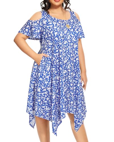 Image of Pinup Fashion Plus Size Summer Sundress Casual Flowy Cold Shoulder Dress