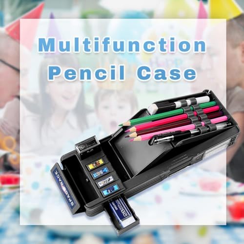 Image of Parshya Plastic Password Lock School Students Pencil Box with Inbuilt Sharpener, Cute Cartoon Stationary Compass for Boys, Geometry Case for Kids Girls, Best for Gifts (Password Space Travel Black)