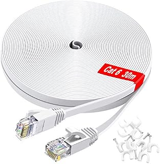 GLCON CAT 6 Ethernet Cable 100ft Long Internet Cables High Speed 1000Mbps Gigabit Flat Lan Cable Compatible with Cat.5e Cat.6 for PS5 PC Switch Router Xbox Smart TV Home Office Network White(20 clips)