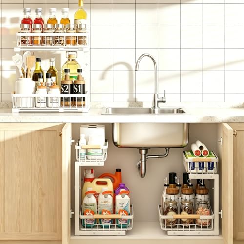 Image of REALINN Under Sink Organizer, Height Adjustable Under Sink Organizers and Storage, 2 Tier Pull Out Drawer Cabinet Storage for Kitchen Bathroom, 1 Pack, White