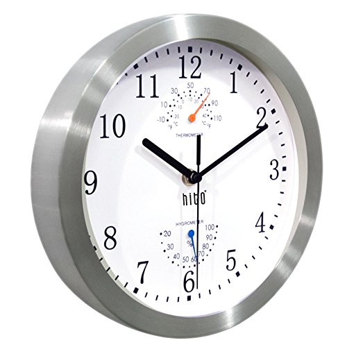 hito Modern Silent Wall Clock Non ticking 10 inch Excellent Accurate Sweep Movement Silver Aluminum Frame Glass Cover, Decorative for Kitchen, Living Room, Bedroom, Bathroom, Bedroom, Office (White)