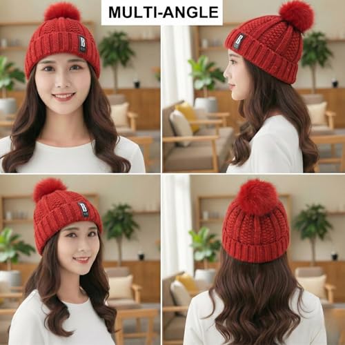 Image of Kraptick Women's Winter Cap - Knit Beanie with Soft Fleece Lining Hat, Stylish Pom Pom Thick Woollen Skull Cap, Warm Hat for Ladies & Girls -3