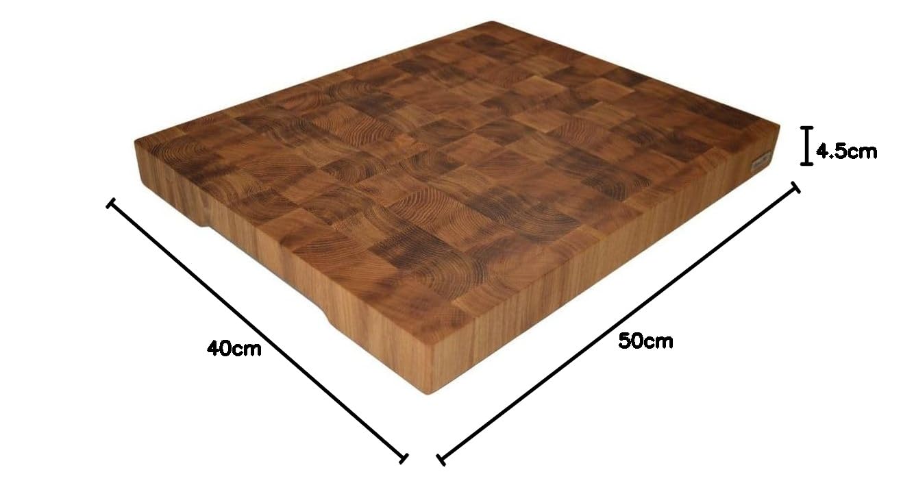 XXL Stirnholz Hackblock Premium Eiche 50x40x4,5 cm – Schneidebrett mit Griffmulden, Rutschfeste Füße, Langlebig, Messerschonend – Hochwertiges Küchenbrett aus Eichenholz