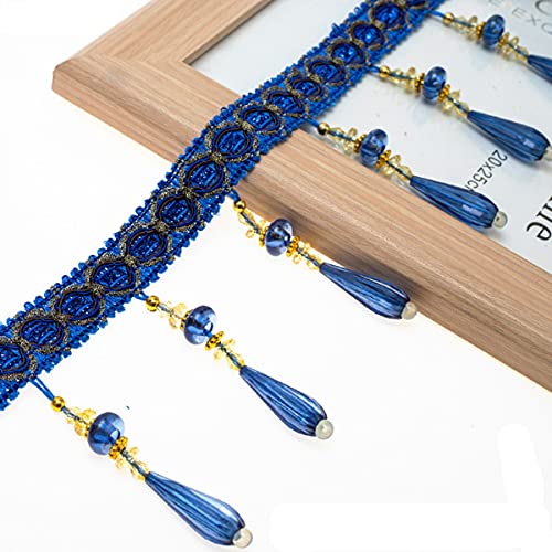 Yalulu 4 Yards Braid Hanging Beads Pendant Tassel Trim Hanging Ball Fringe Fabric Ribbon Trimming Diy Craft Sewing Accessory For Home Curtain Decoration (Gem Blue) #TOP12