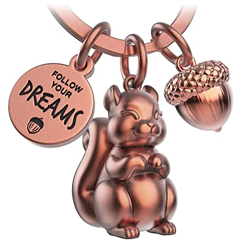 FABACH Eichhörnchen Schlüsselanhänger Skippy mit Gravur - Niedlicher Eichhörnchen Schlüsselanhänger - Eichhörnchen Glücksbringer als Motivation Geschenk für Freundin - Follow your Dreams