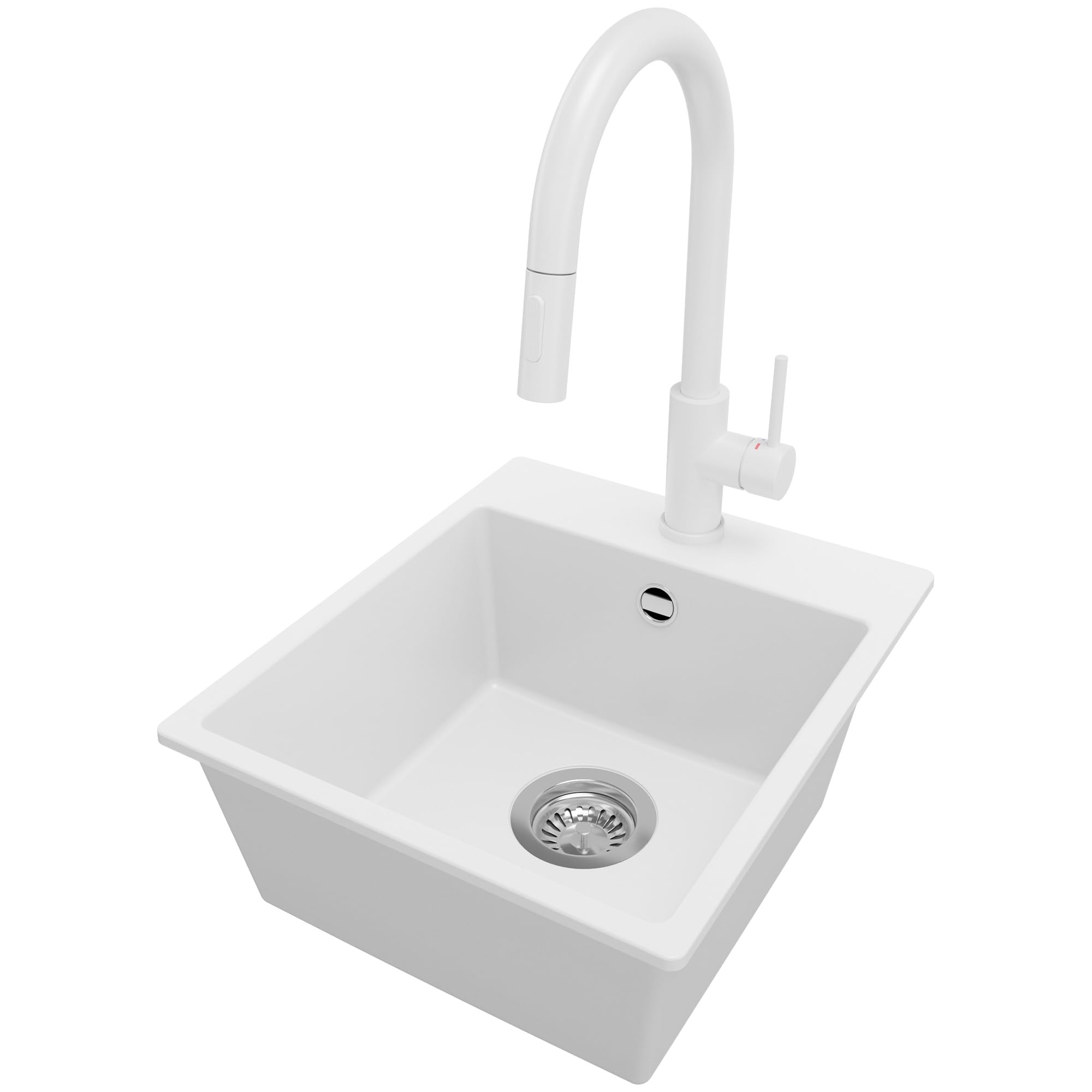 PRIMAGRAN Fregadero Granito Blanco - Riga Easy, 38x44cm | Cocina 1 Seno + Grifo 40x20cm + Set de accesorios, sobre Encimera al Mueble 40cm (S021)