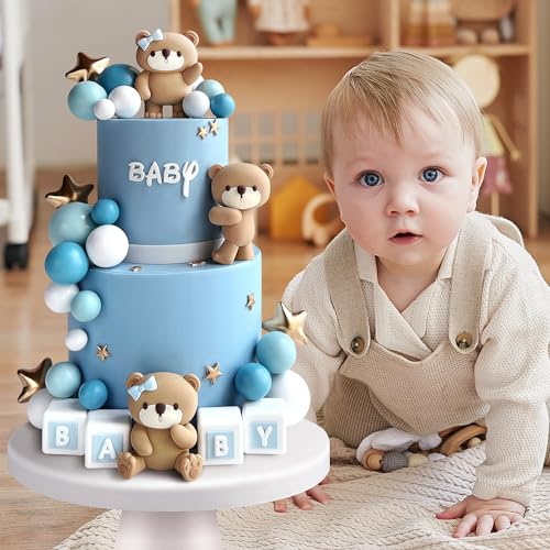 32 Pcs Bear Cake Toppers Pearl Ball Cake Decorations with Stars Cake Topper for Boy Girl Baby Shower Birthday Party Decorations (Blue) by Zafena - Image 5