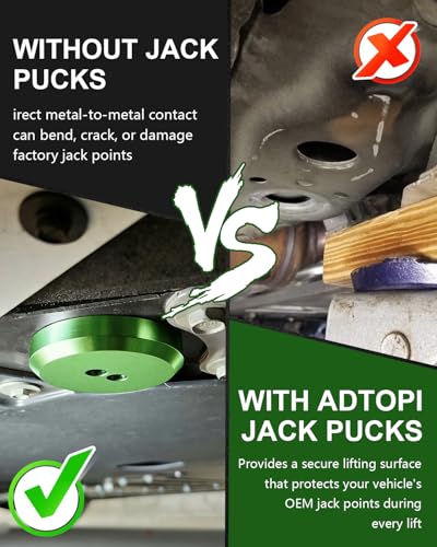 Image of Green Corvette Jack Pucks Floor Jack Pads, 4 Pack | Anodized Aluminum, Compatible with 1997-2025 Corvette C5 C6 C7 C8 & Porsche 944 964 993 996 997 911 Boxster Cayman