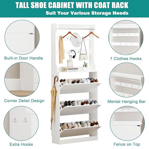 Image of Shoe Cabinet for Entryway with 3 Flip Drawers, White Tall Wood Shoe Storage Cabinet with Coat Rack, Narrow Hidden Slim Freestanding Shoe Rack Organizer, 2 in 1 Hall Tree for Living Room, Hallway